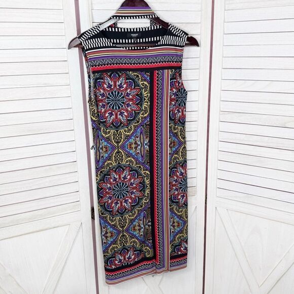Premise Mosaic Multi Print Faux Wrap Belted Sleeveless Dress Multicolor Small - Picture 8 of 12